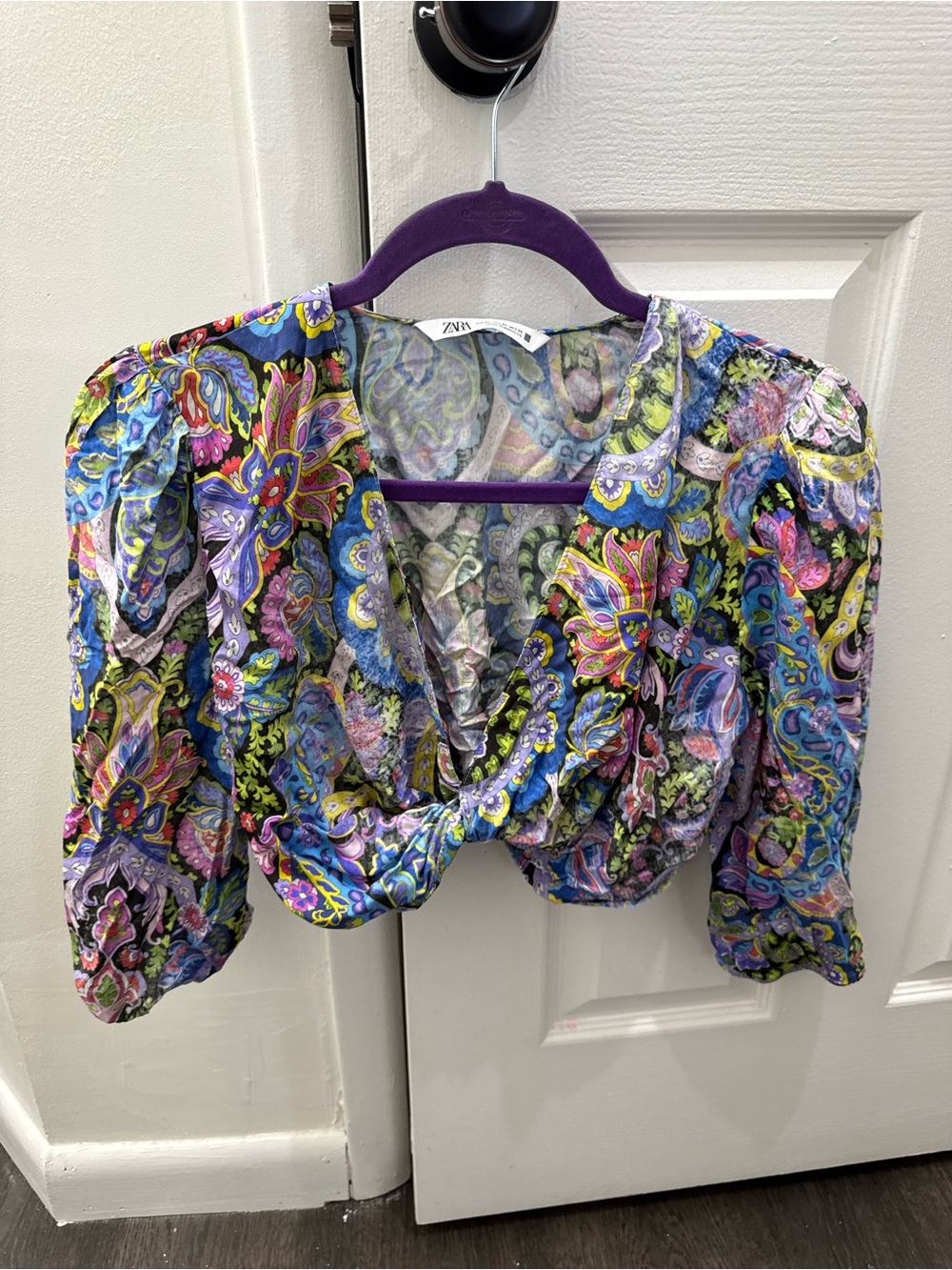 Zara Purple Multi-Color Floral Paisley V-Neck Cropped Blouse & Skirt
